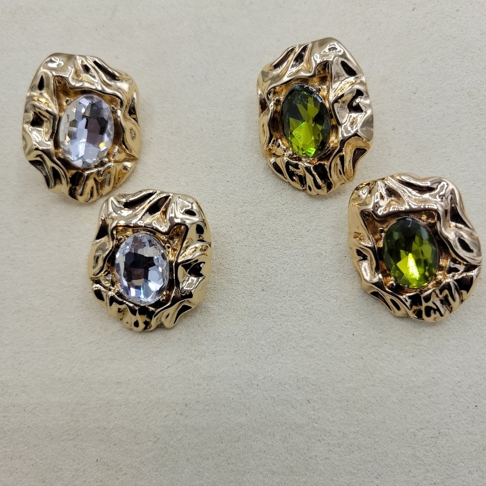 Hammered Goldtone Earrings • Beautiful Center Gem • Brand New • White or Green